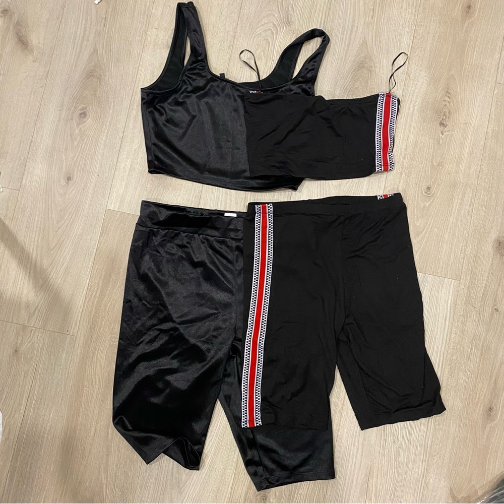 Iris Black Bike Shorts with Red and White Stripes